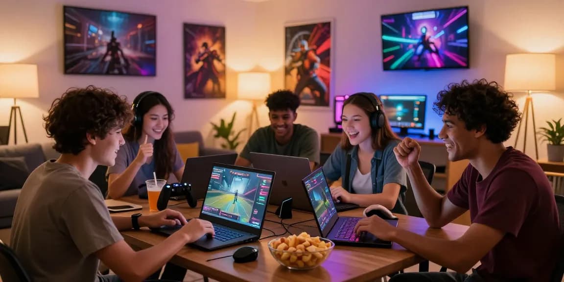Teman-teman menikmati waktu bermain game online cipung138 dalam suasana hangat dan ceria di ruang tamu.