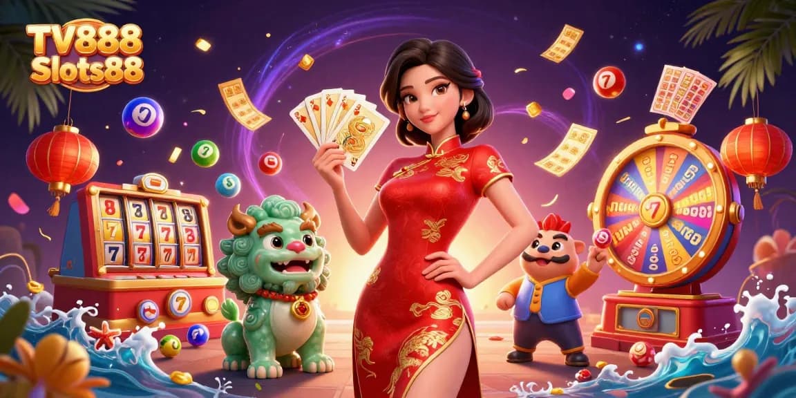 Experience the excitement of TV888 Slots88 with vibrant slots, lucky 7s, and jackpot action amidst colorful magical elements.