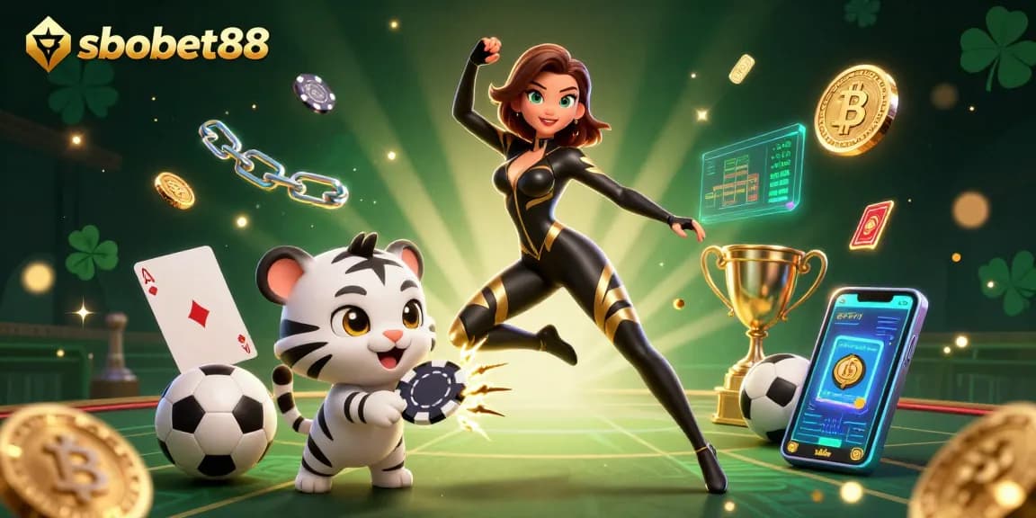 Experience exciting gameplay at sbobet88 with a stunning woman in a catsuit and baby tiger playing with poker chips.