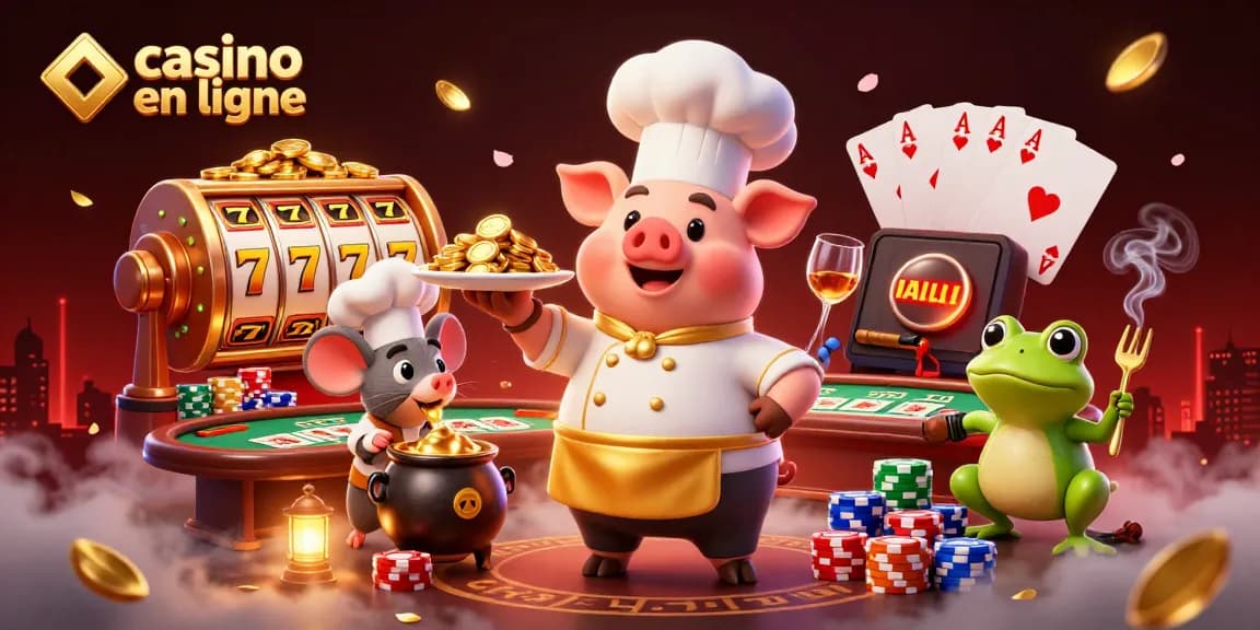 Découvrez une scène de casino en ligne vibrant avec des chefs et des pièces d'or dans une illustration dynamique.