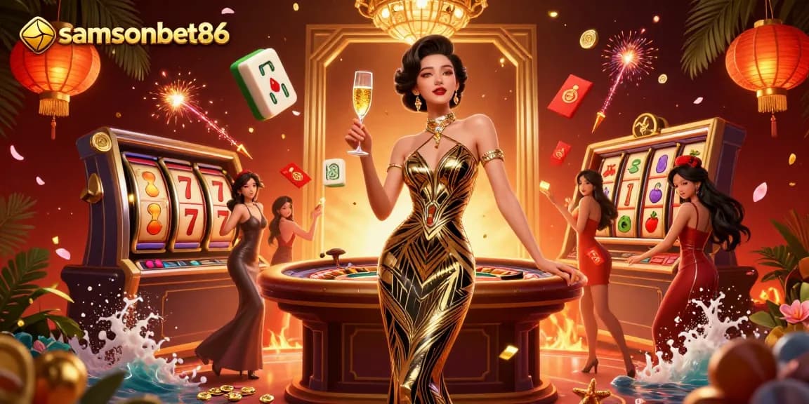 Experience the thrill of winning at samsonbet86 with this vibrant casino illustration featuring golden slot reels and an elegant lady.