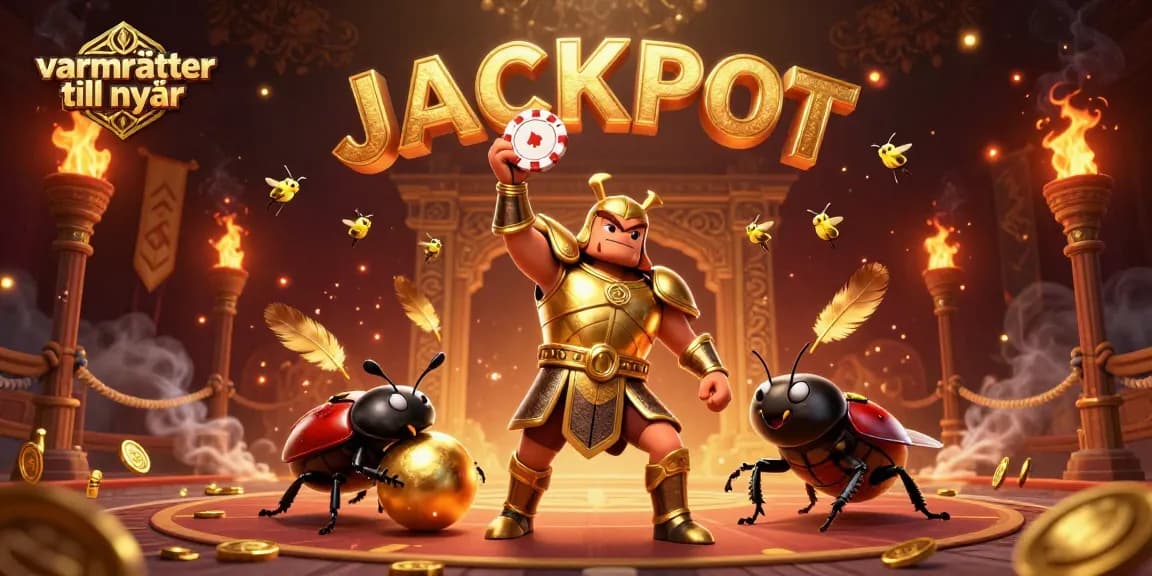 Win big with varmrätter till nyår in a festive 3D casino illustration featuring vibrant characters and dynamic elements.