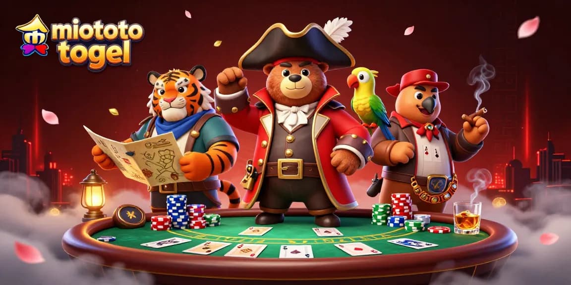 Experience the thrill of miototo togel with a vibrant poker game scene featuring a pirate captain bear, a tiger first mate, and game elements.