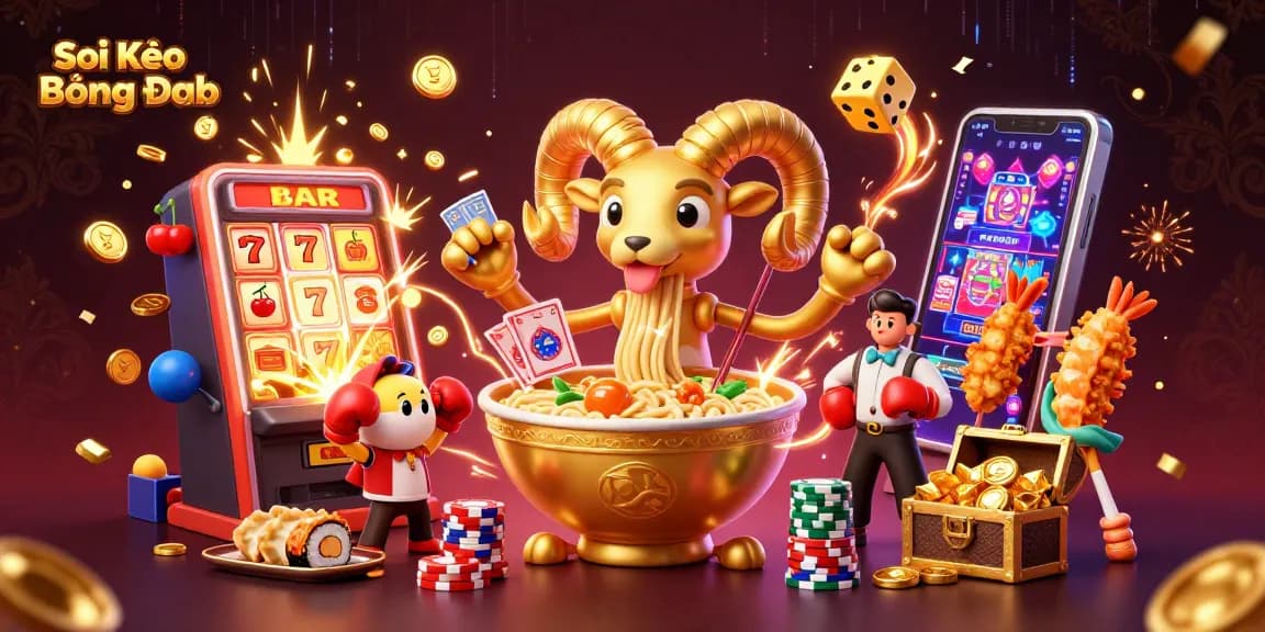 Soi Kèo Bóng Đá: Engaging illustration featuring a giant ramen bowl character dealing cards surrounded by casino elements.