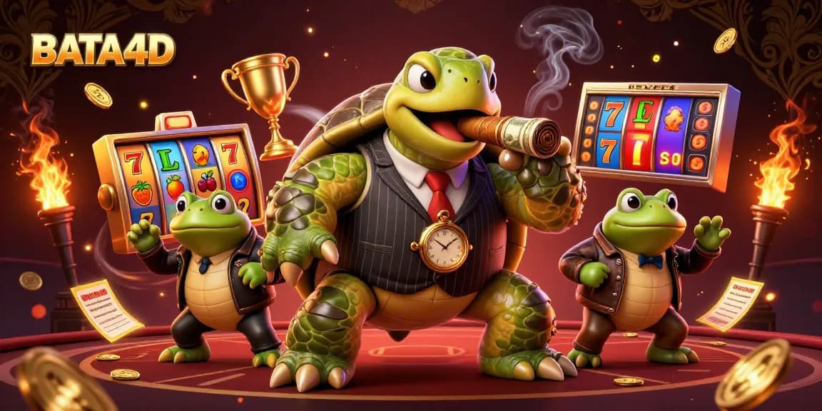 BATA4D features a playful snapping turtle and bullfrogs engaging in casino fun with vibrant slot reels.