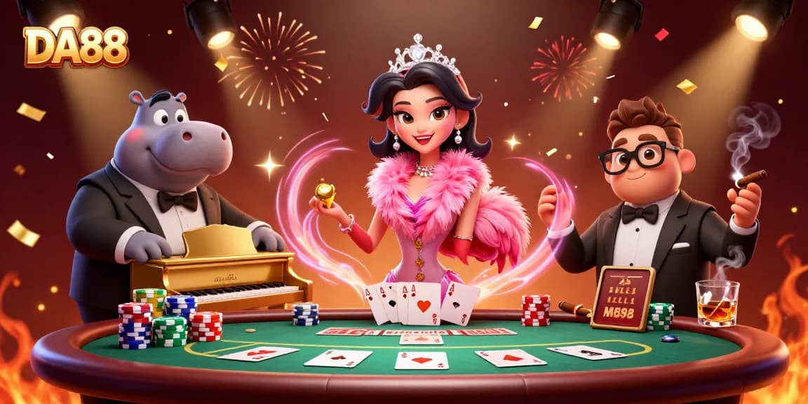 Feel the excitement of DA88 as our flamingo singer entertains while poker players strategize with chips.