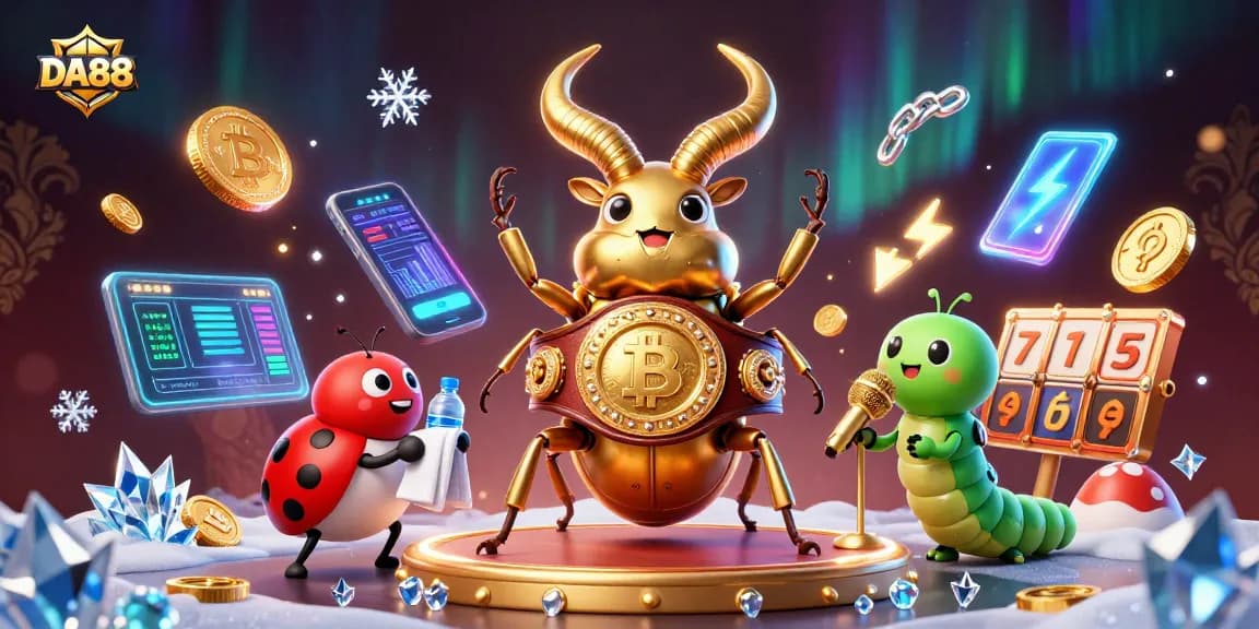 Engage DA88 players with vibrant slots action featuring a boxing beetle and crypto coins.