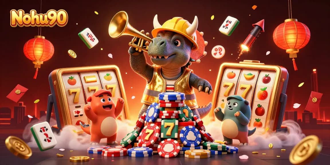 Nohu90 showcases a vibrant 3D carnival scene full of joyous dinosaurs and casino game elements celebrating potential jackpots.