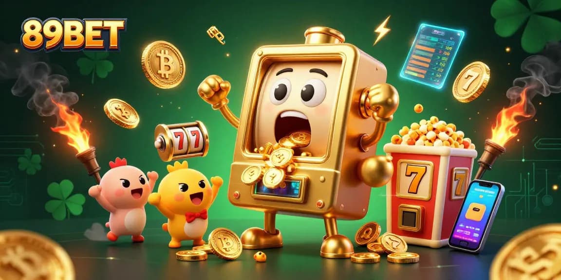 89BET slot machine hits jackpot surrounded by cheerful baby slots and crypto coins