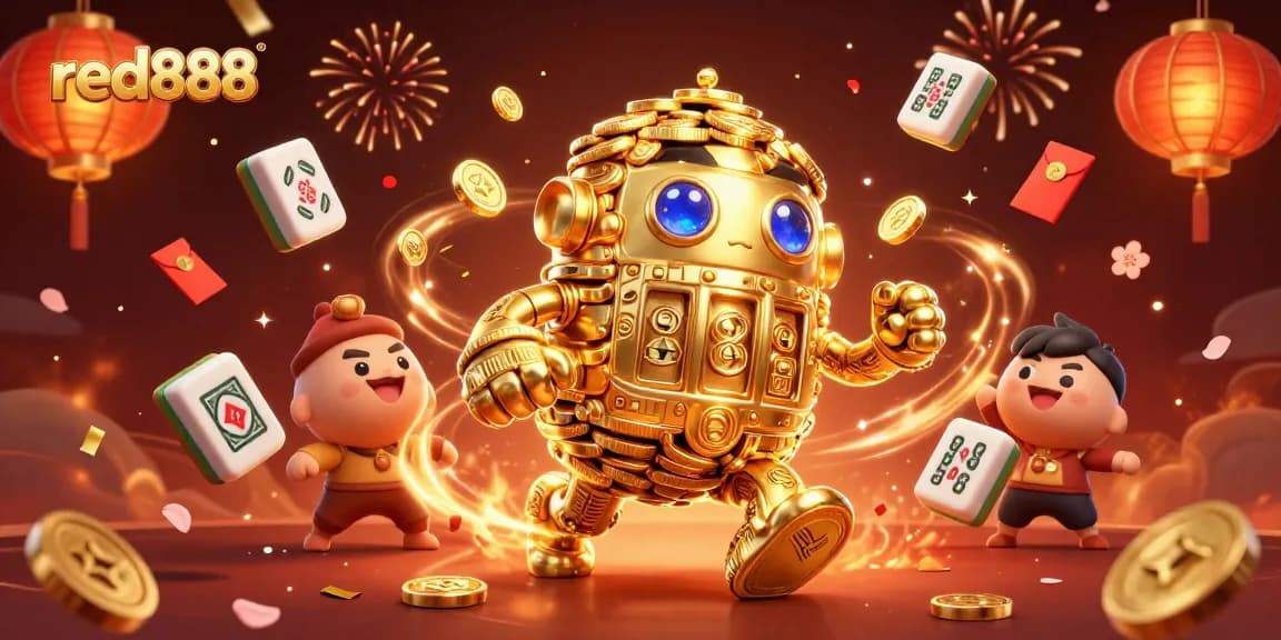 Experience the excitement of red888 as the golden golem spins jackpot symbols amidst vibrant casino elements.