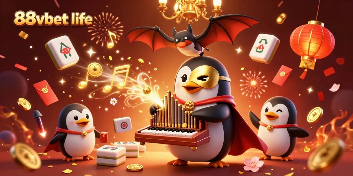 Experience the excitement of 88vbet life with a 3D illustration of a penguin playing an organ surrounded by festive casino elements.