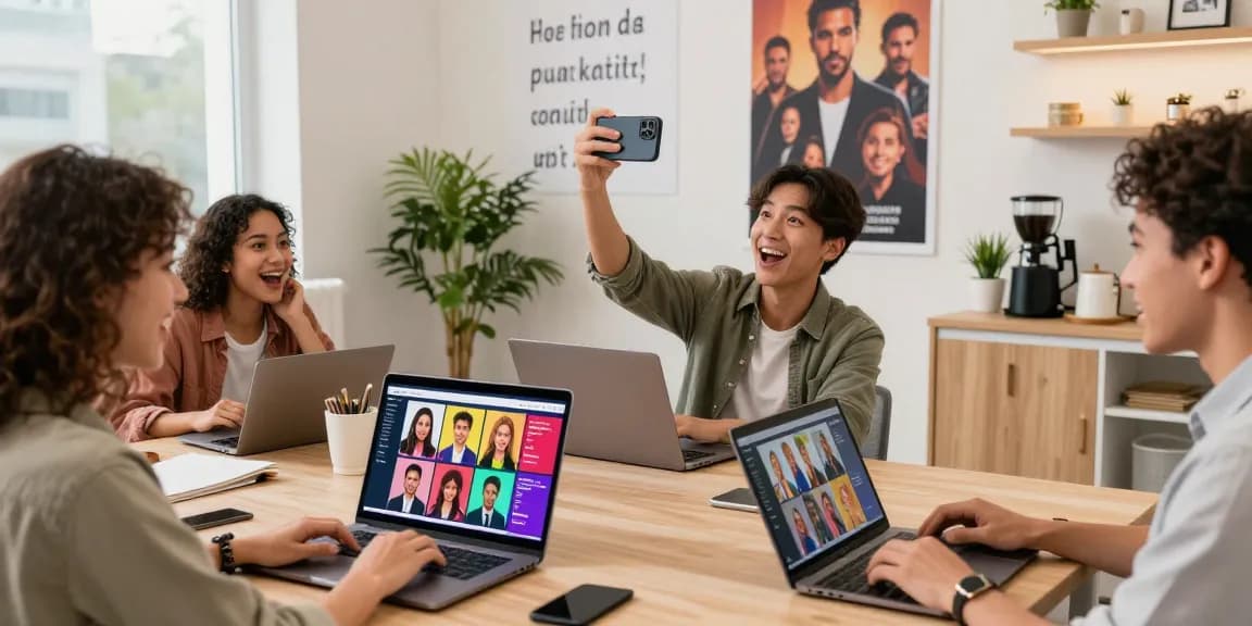 Young woman discovers her celebrity look alike using an AI face identifier in a lively studio.