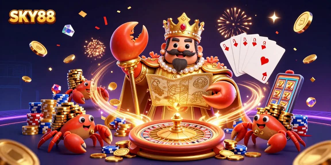 Winning strategies at SKY88 Casino, showcasing a vibrant 3D scene with golden crab emperor and treasures.