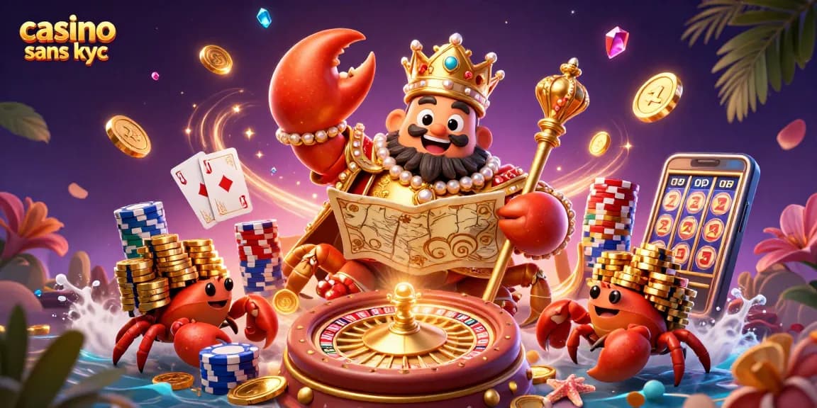 Engagez-vous dans le monde du casino sans KYC avec notre crabe empirique doré entouré de trésors.
