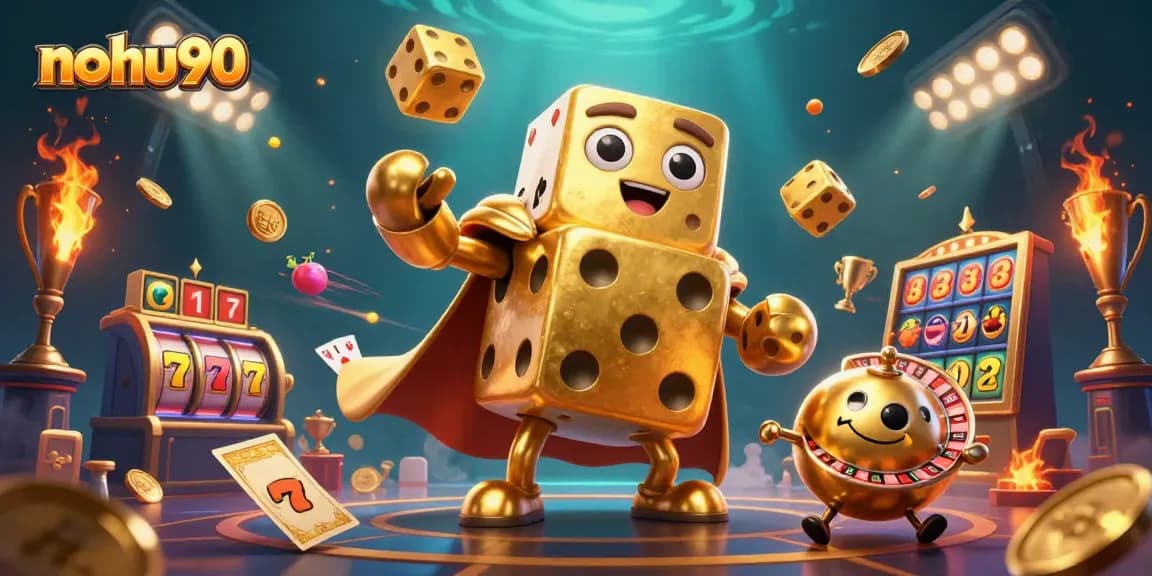 Nohu90 showcases dynamic slot machines and a golden dice character juggling coins in a vibrant casino scene.