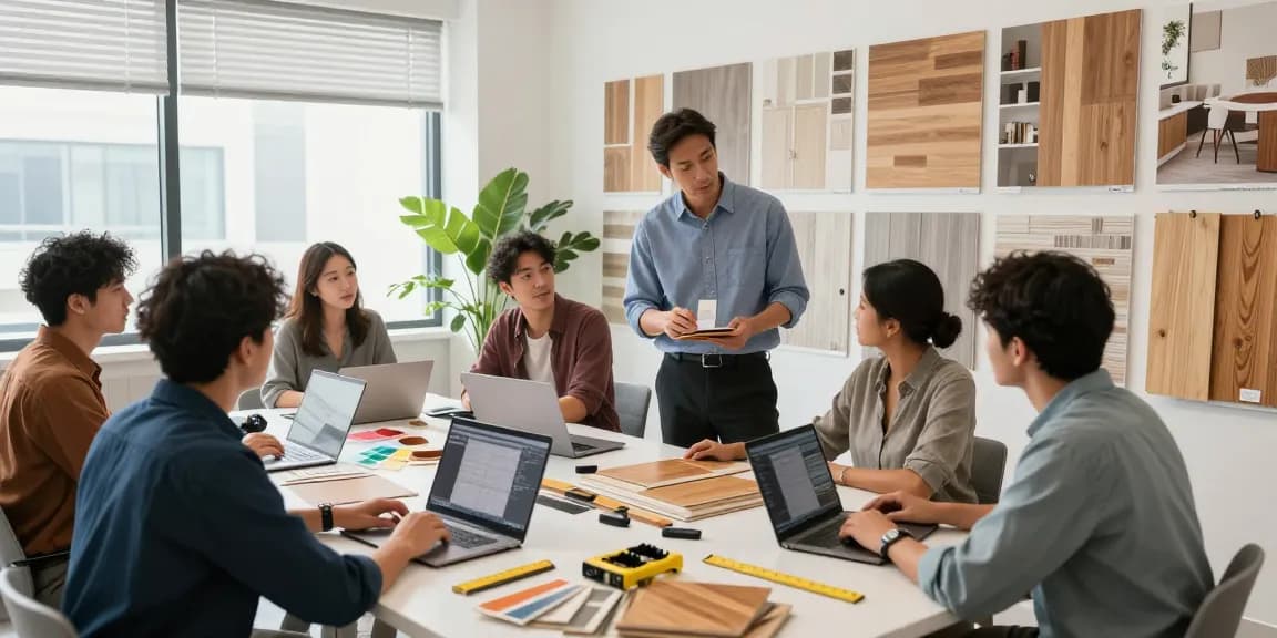 Collaboration in a flooring business software workspace with design discussions and samples.