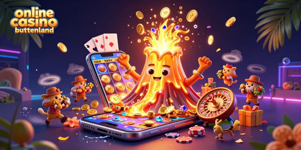 Experience excitement at online casino buitenland with a lively 3D illustration depicting a golden volcano erupting treasures.