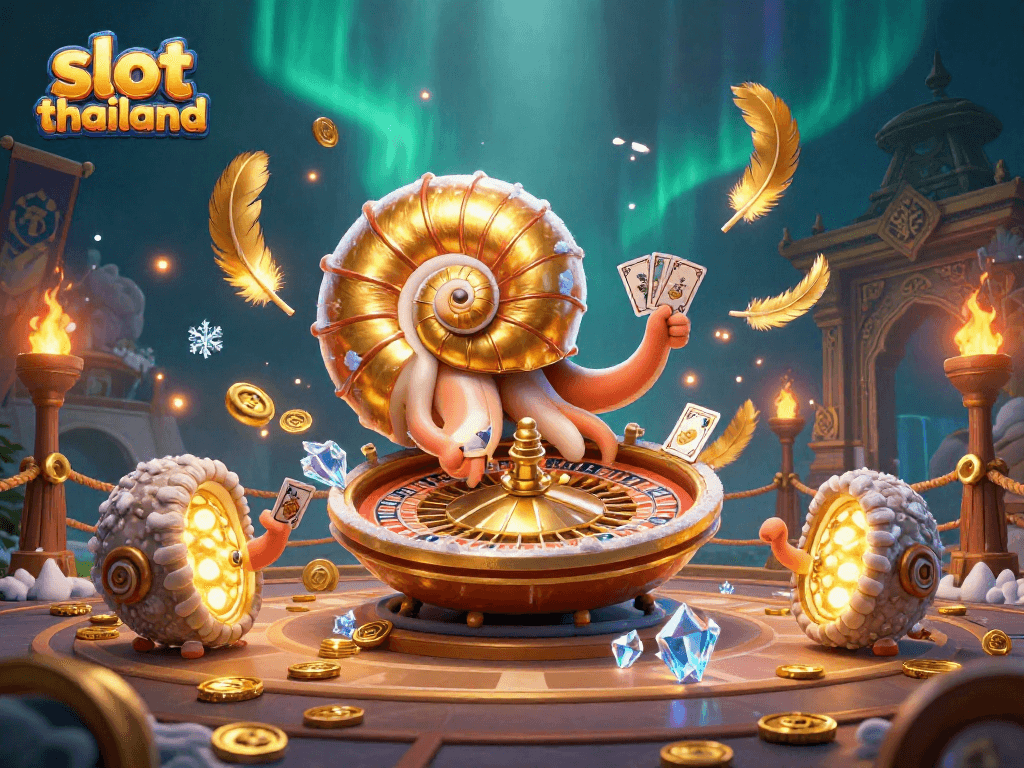 Engaging slot thailand scene with a giant nautilus as a roulette wheel amidst glowing ammonite companions.