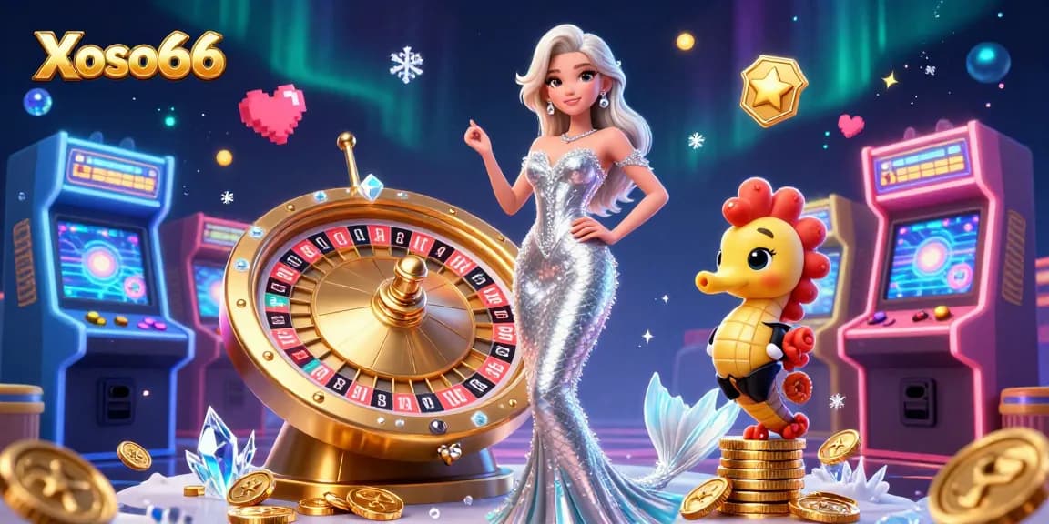 Xoso66 showcases a stunning casino scene with a glamorous woman, seahorse companion, and vibrant game elements.