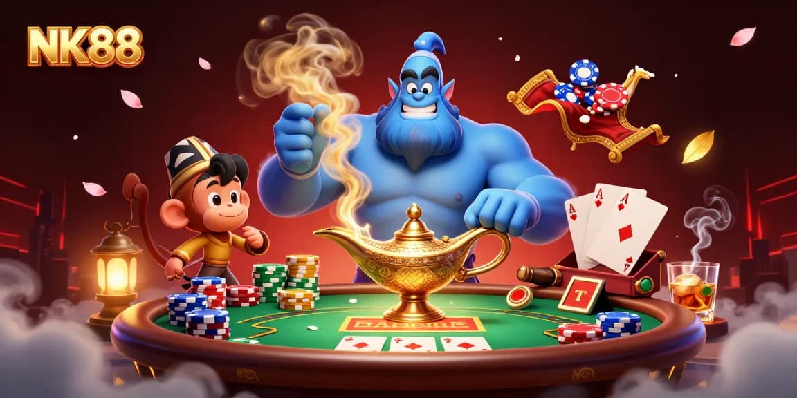 Experience thrilling gambling action with NK88, as a powerful genie and monkey share poker adventures.
