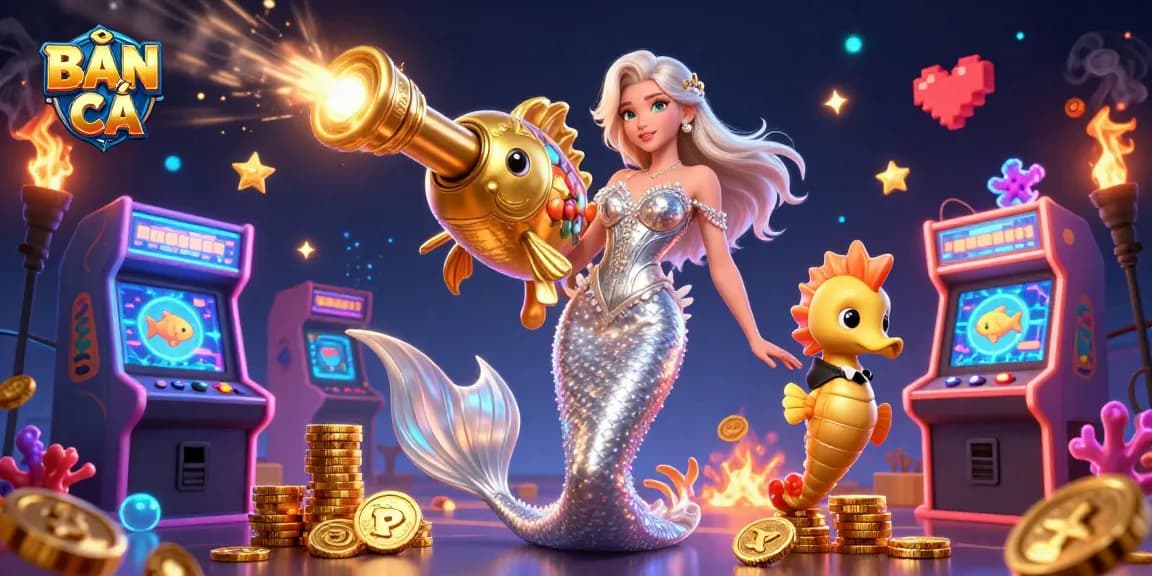 Engaging illustration of BẮN CÁ, depicting dynamic fish shooting action with vibrant 3D characters.
