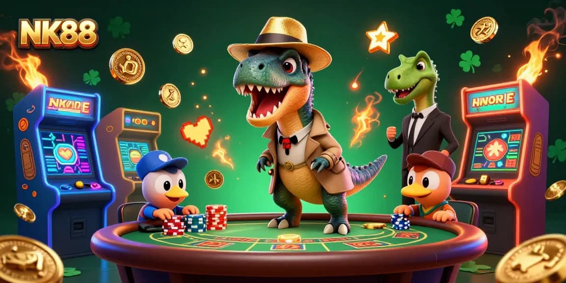 Experience thrilling games at NK88 with velociraptor card counters and vibrant casino elements.