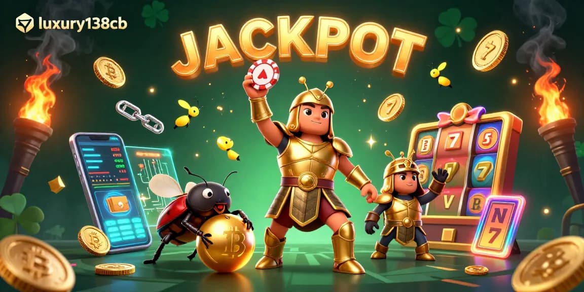 Engage in winning strategies at luxury138cb, featuring a victorious hercules beetle and vibrant gambling elements.