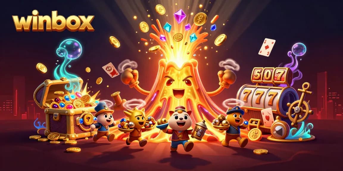 Winbox players enjoy thrilling slots surrounded by a golden volcano offering treasures and exciting gameplay.