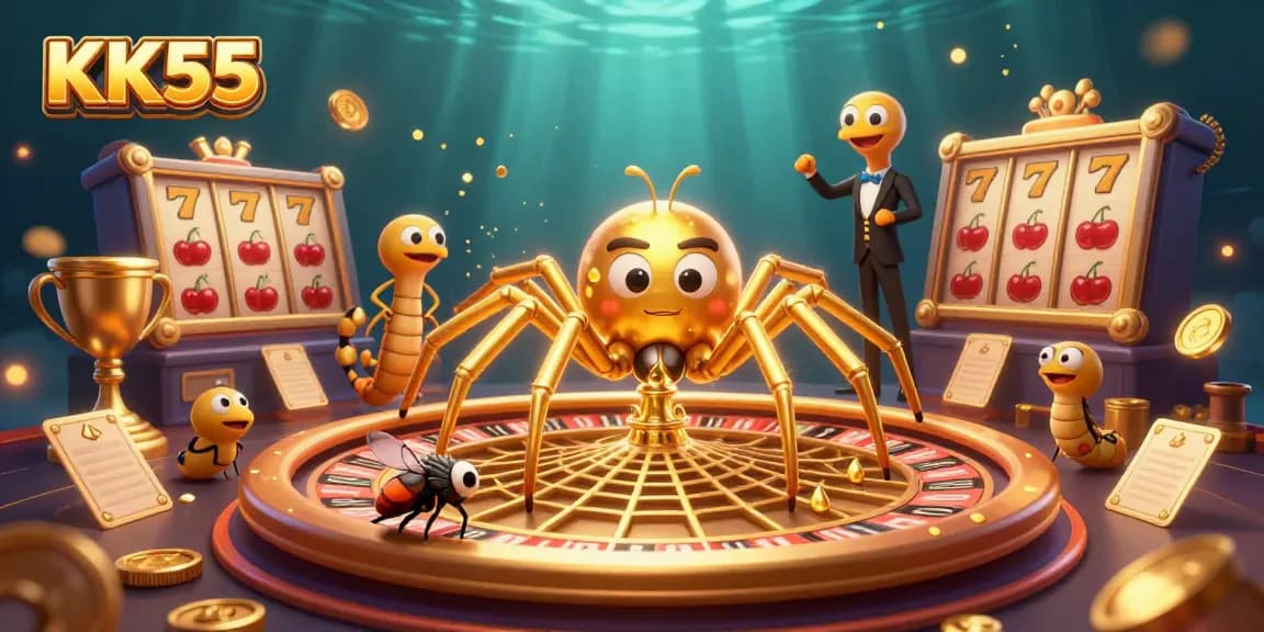 Experience thrilling slots at KK55 with a golden spider spinning luck and rewards.