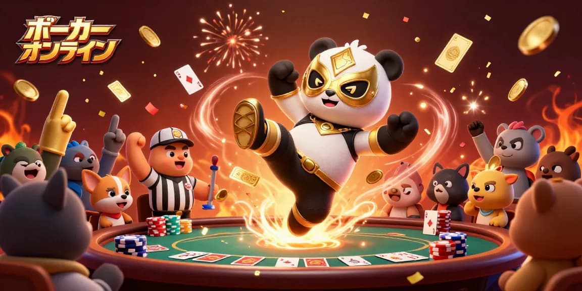 ポーカーオンラインで活躍するパンダのプロレスラーが飛び蹴りをするシーン