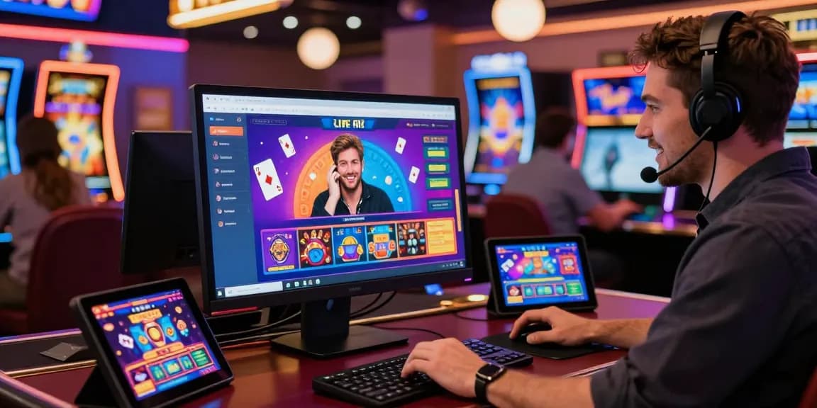 Lemacau Live Chat representative assisting customers in vibrant online casino setting