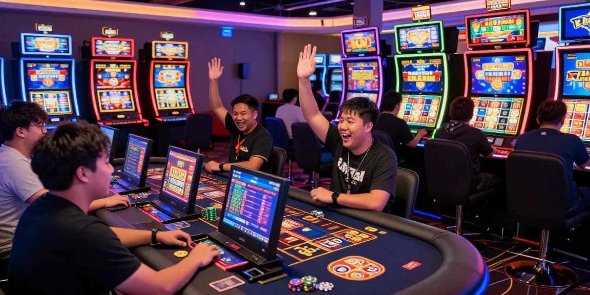 Exciting scene of players celebrating wins on slot gacor games in a lively online casino.