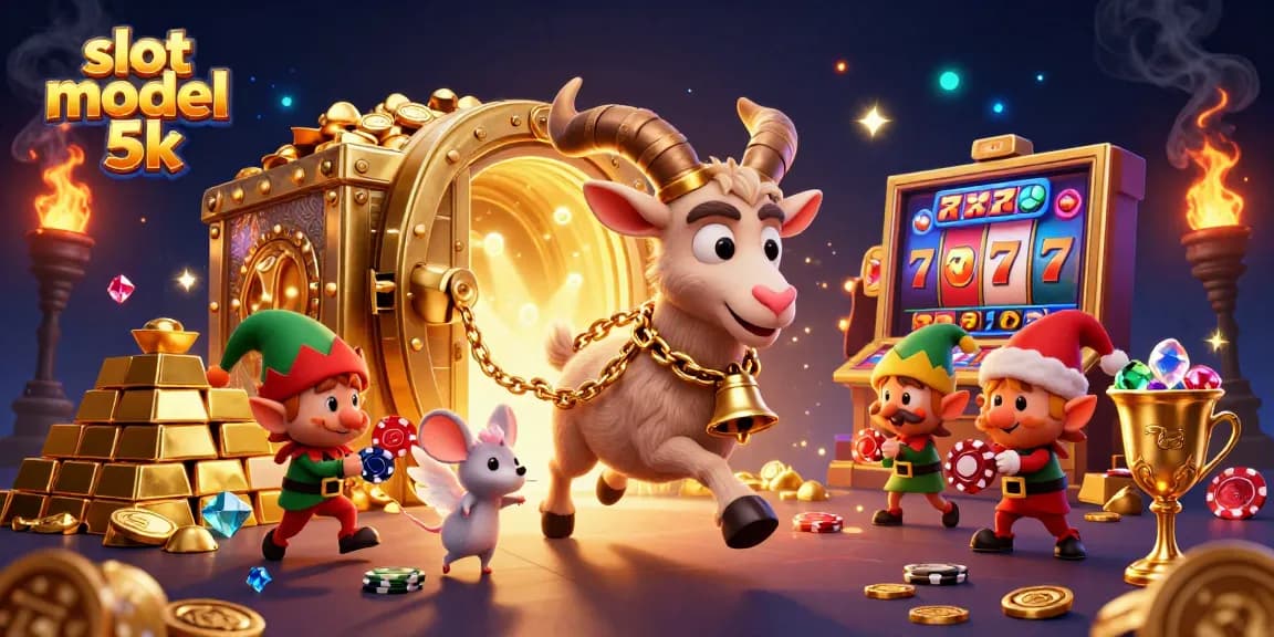 Engage with the slot modal 5k in a festive casino adventure with characters amid treasures.