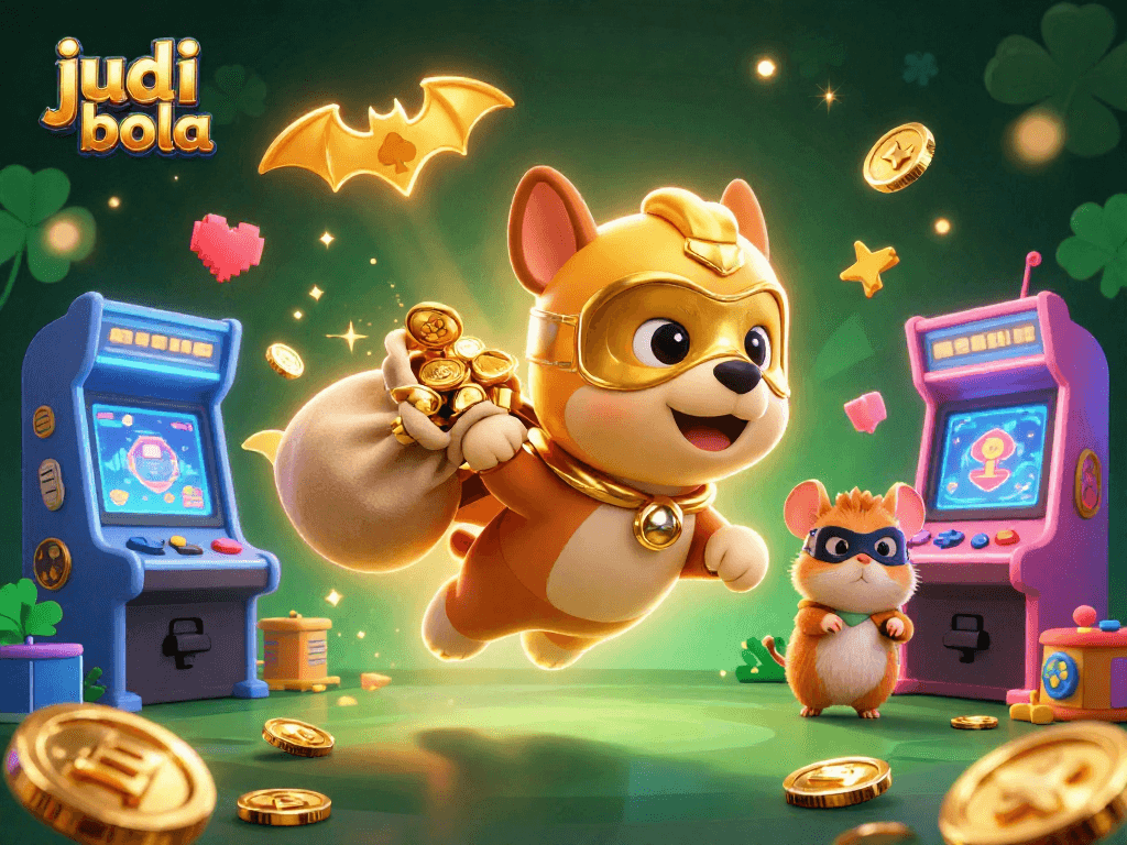 Bet on judi bola with a dynamic illustration featuring a superhero dog, gold coins, and vibrant casino elements.