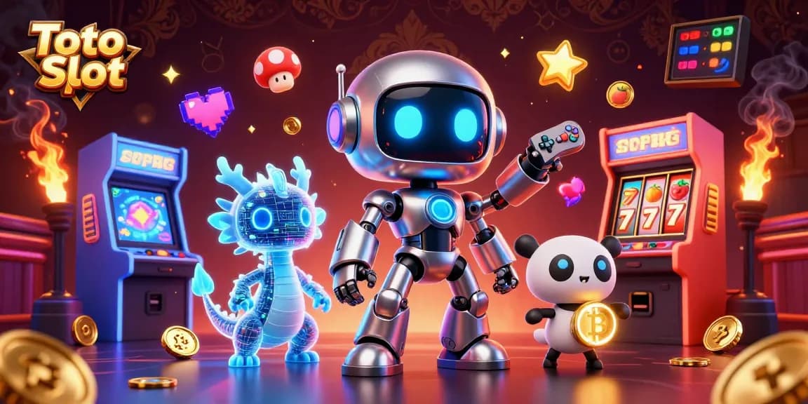 Toto Slot hadir dengan karakter robot futuristik dan elemen permainan slot yang penuh warna.