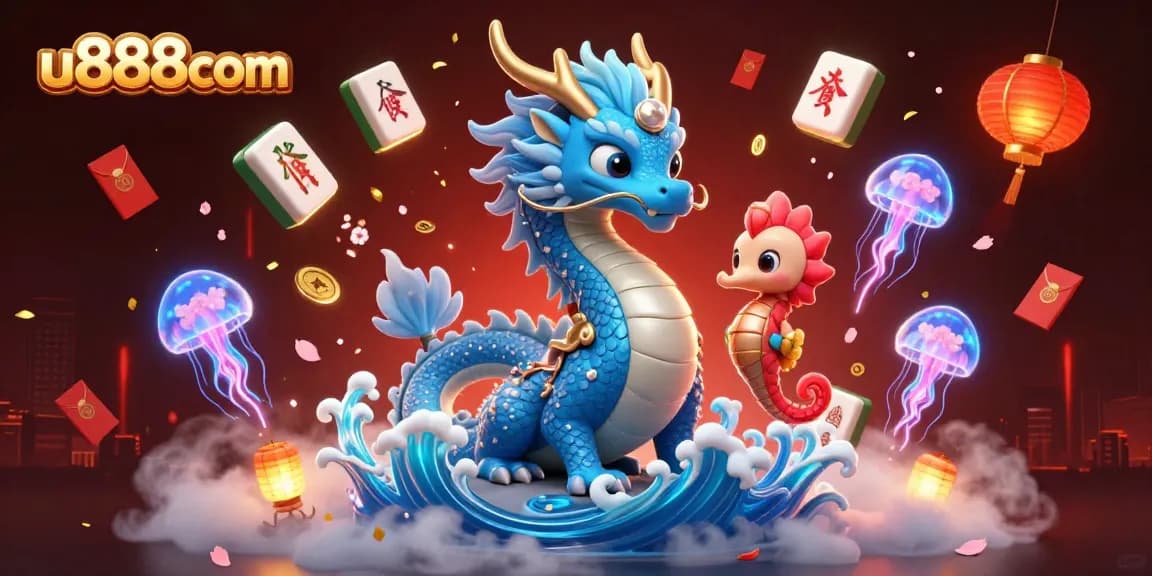 Experience thrilling gaming action at u888com with an azure water dragon and vibrant casino elements.