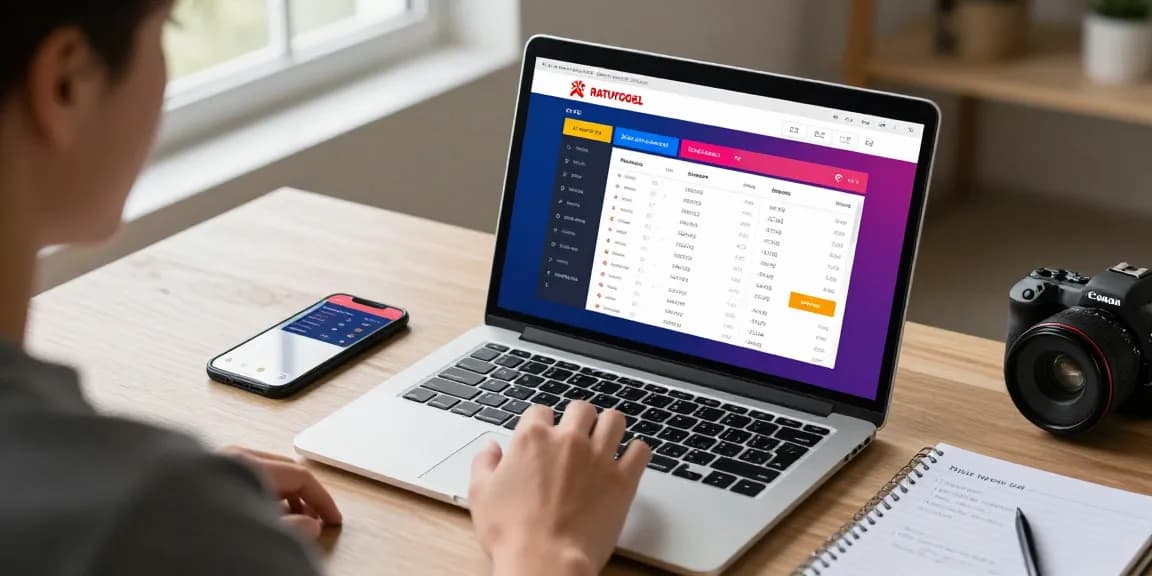 Pengguna RATUTOGEL link mengakses situs taruhan online dengan laptop di meja kerja modern.