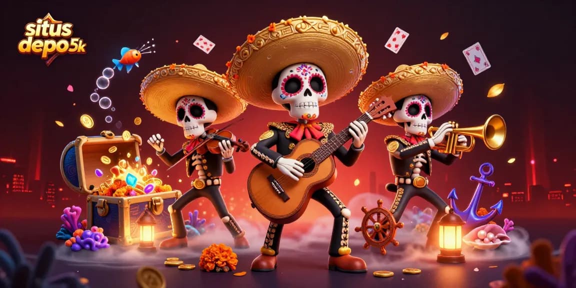 Experience the excitement at situs depo 5k with vibrant 3D casino illustration featuring mariachi characters.