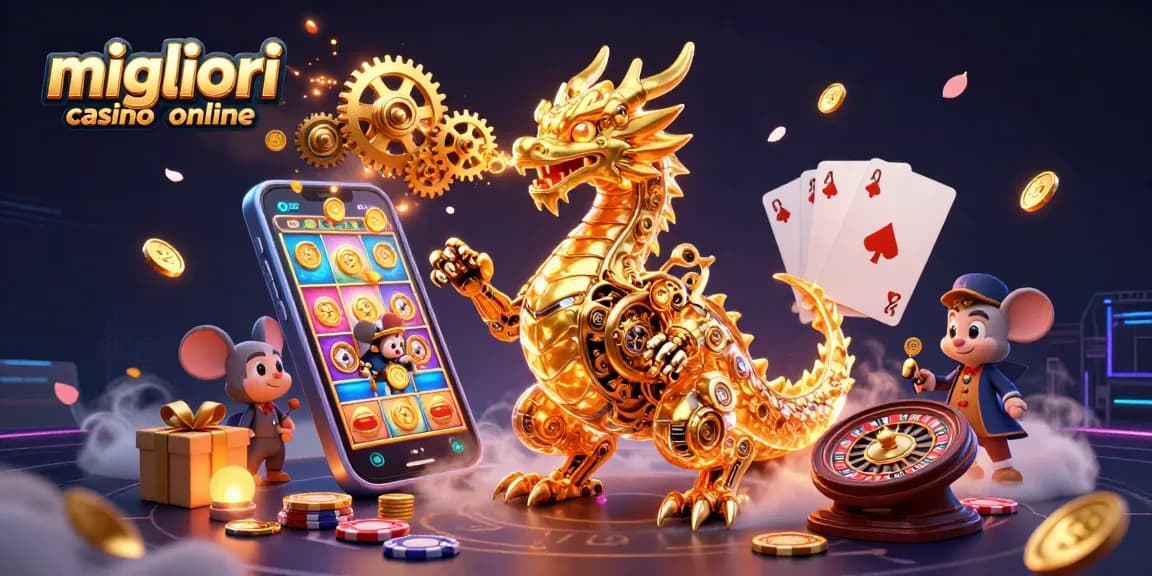 Scopri i migliori casino online con questa vivace illustrazione 3D, mostrando giochi e simboli del divertimento.