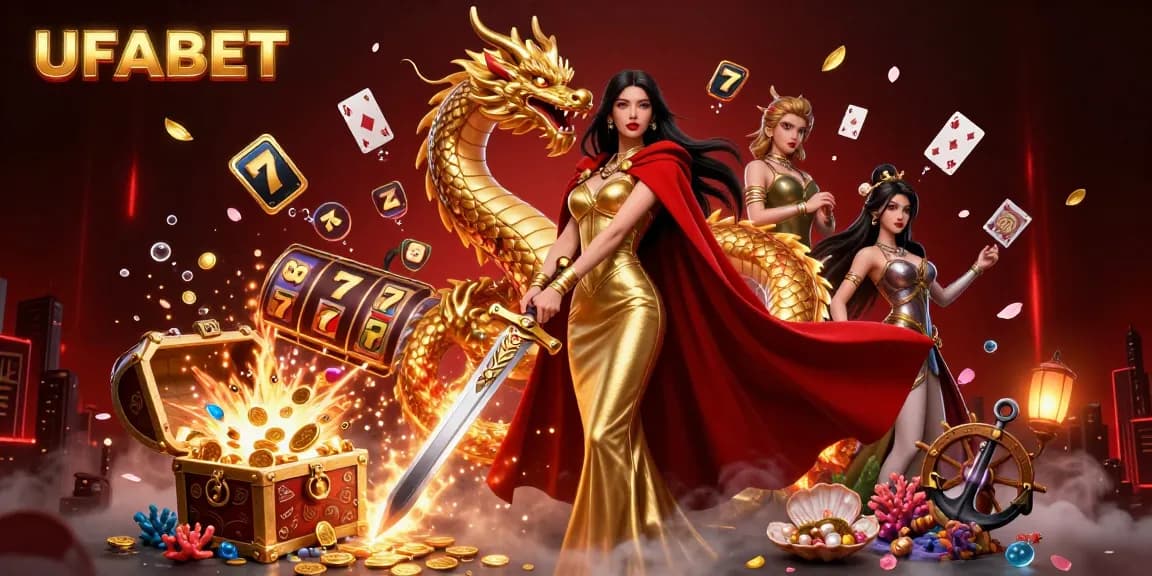 Experience thrilling UFABET slot games with a warrior queen and golden dragon surrounded by treasure.
