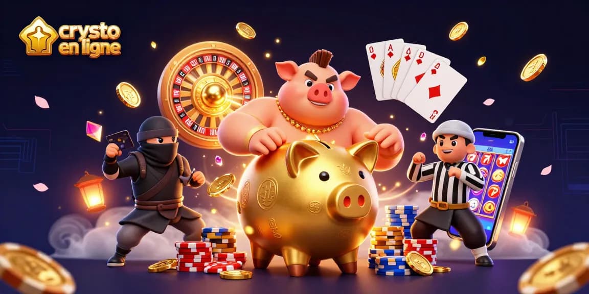 Illustration dynamique d'un casino en ligne crypto avec un cochon tirelire doré, un ninja de portefeuille, et des pièces dorées.