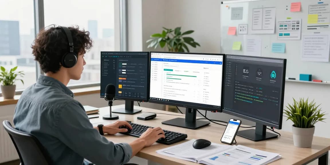 SEO specialist analyzing LLG link indexing performance on multiple screens in a modern office setting.