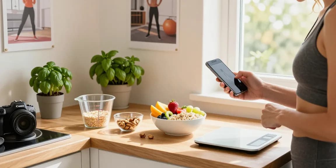 Logging meals on smartphone in bright kitchen, showcasing the best calorie tracker.
