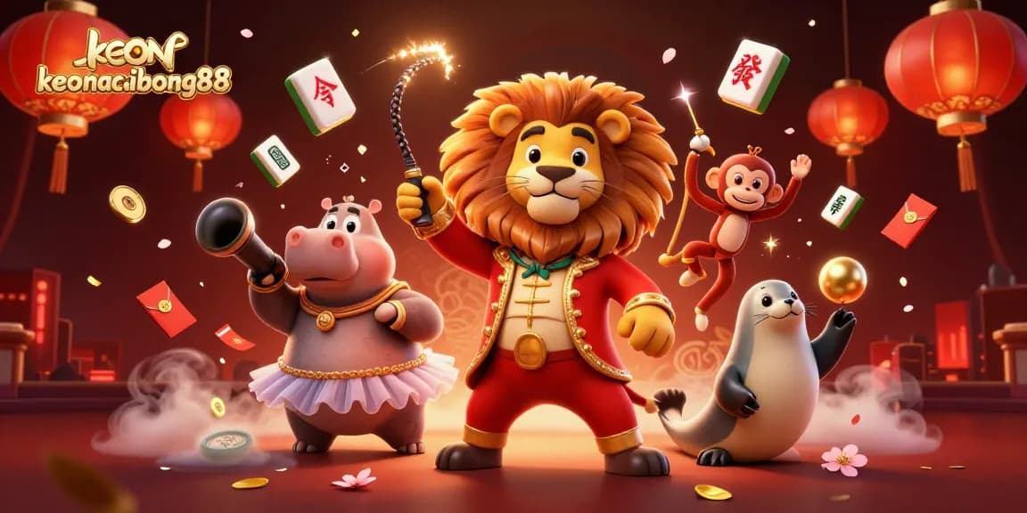 A vibrant portrayal of keonhacaibong88 with cartoon casino characters amidst dazzling game elements.