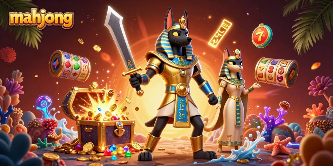 Play mahjong with ancient Egyptian warrior Anubis surrounded by dynamic casino elements.