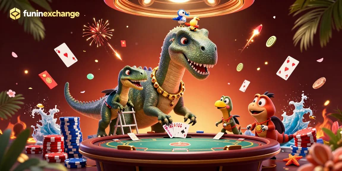Engage in competitive funinexchange with a vibrant cartoon scene featuring a giant brontosaurus and raptor dealer.