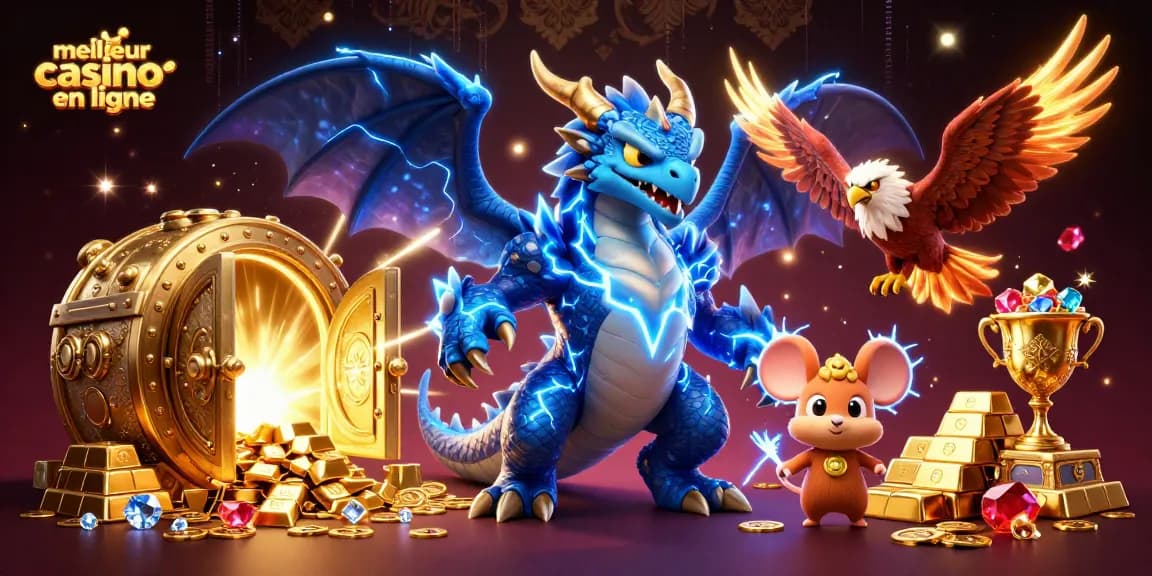 Plongez dans l'univers du meilleur casino en ligne avec un dragon de tonnerre et des trésors éclatants.