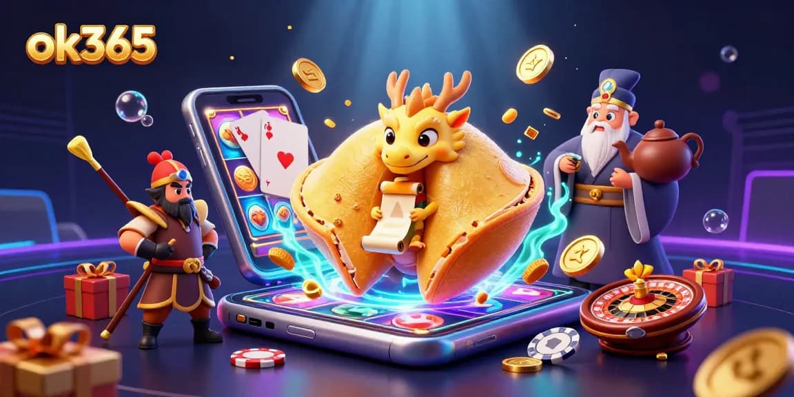 Win big with ok365 as a tiny dragon reads fortunes amidst a vibrant casino illustration.