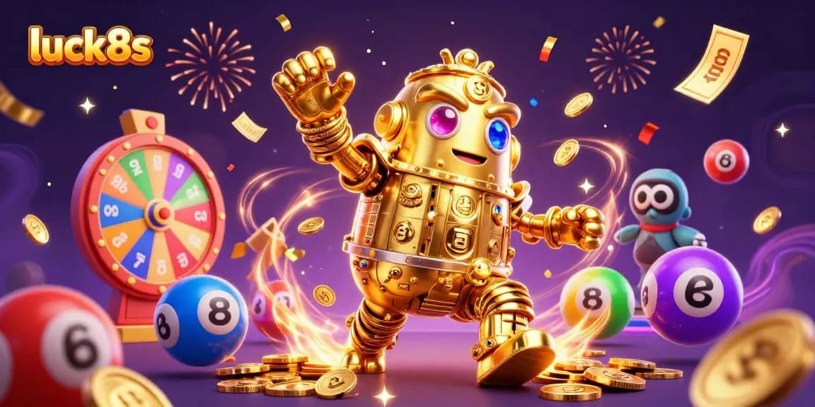 Feel the excitement of luck8s gaming with vibrant lottery balls and a golden golem in action.
