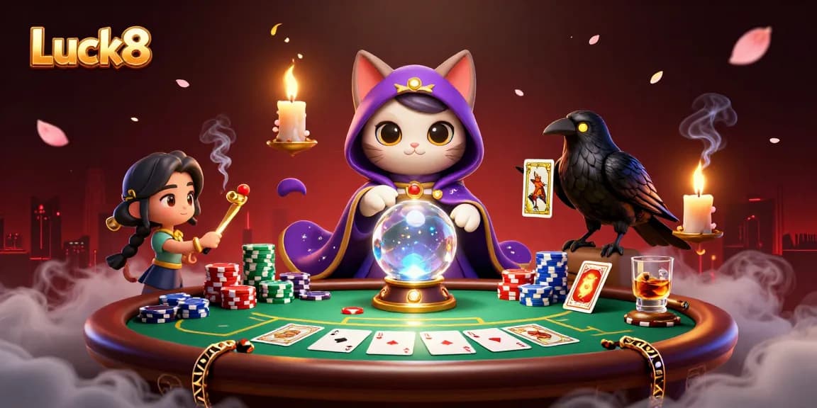 Experience thrilling wins with Luck8 at an engaging poker table featuring vibrant character illustrations.